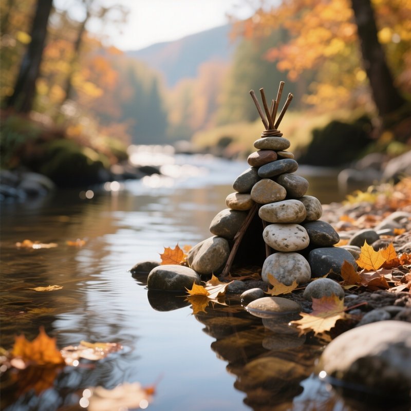 A Tiny Stone Teepee Made From Stacked River Pebbles Sits Beside A Quiet Creek In Early Autumn,