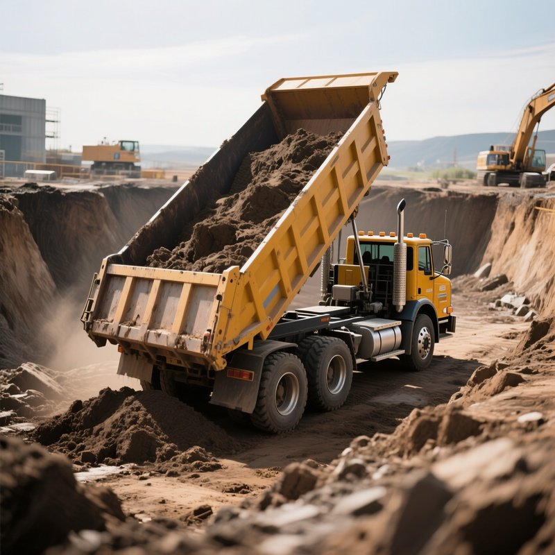 A Tipper Semi Dumping Earth At A Large Excavation Pit