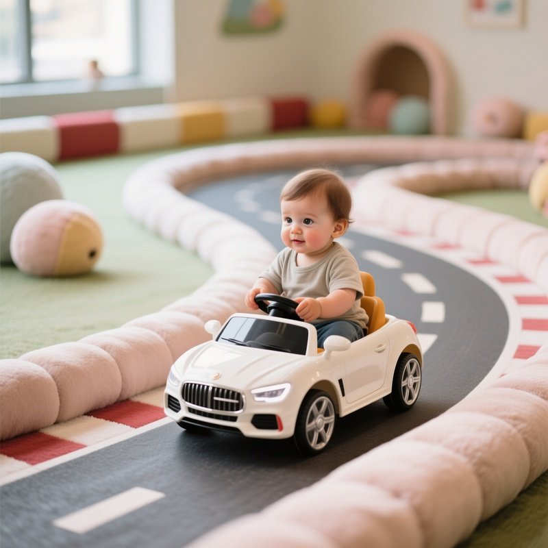 A Toddler In Miniature Car On Soft Indoor Track