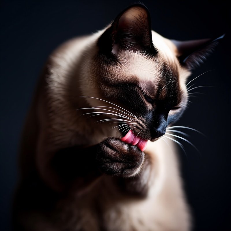 A Tonkinese Cat Licking Paw And Wiping Face