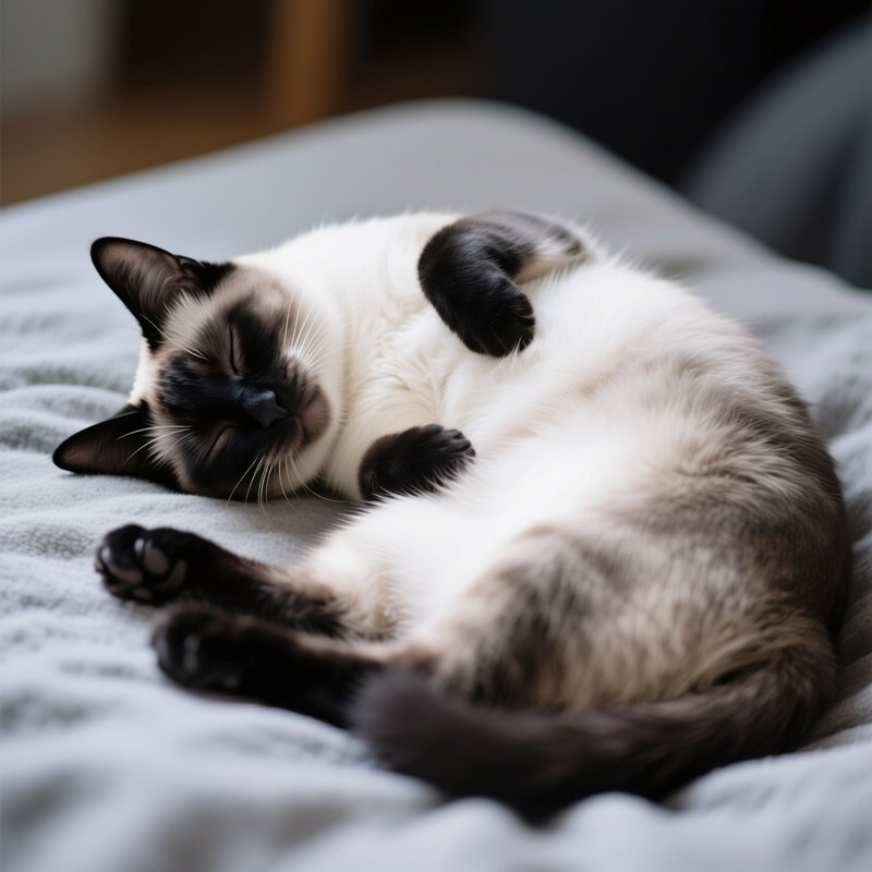 A Tonkinese Cat Sleeping On Its Back With Belly Exposed