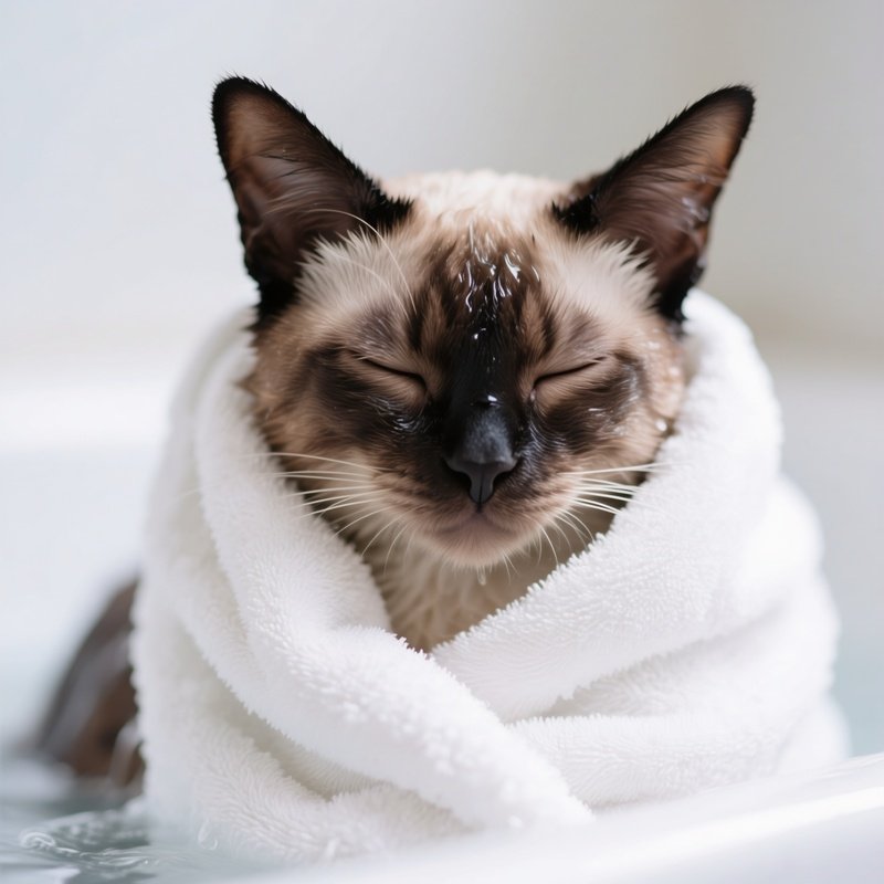 A Tonkinese Cat Wrapped In A Towel After Bath