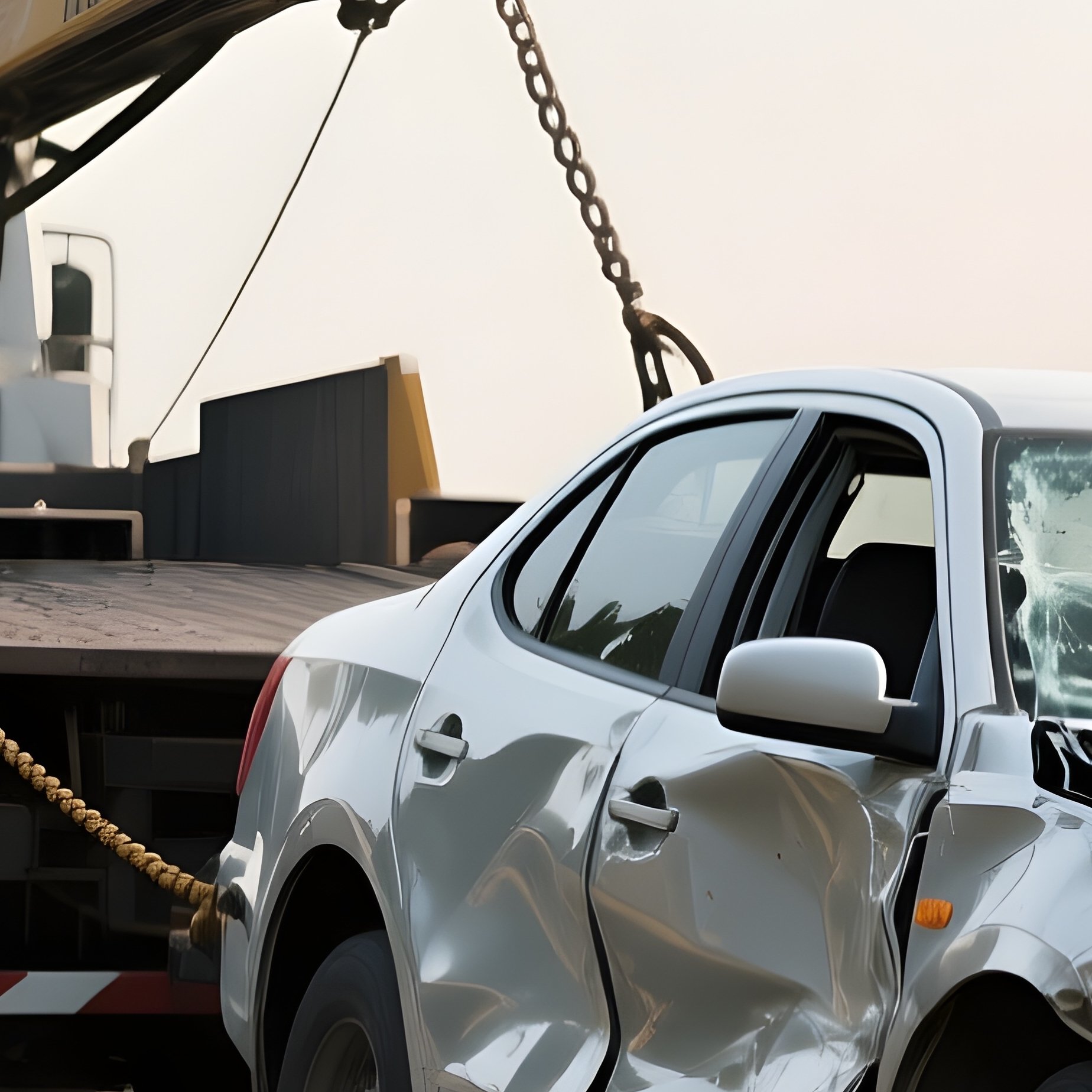 A Tow Truck Pulling A Damaged Vehicle On A Quiet Roadside - Full Resolution Quality Preview