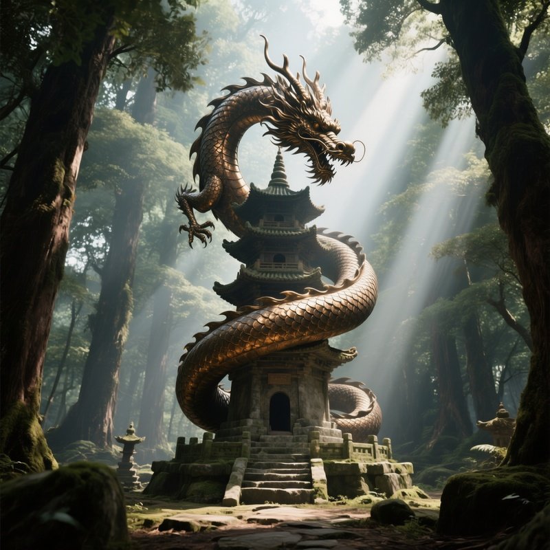 A Towering Bronze Dragon Coiled Around A Stone Pagoda In An Ancient Forest Clearing, Shafts Of