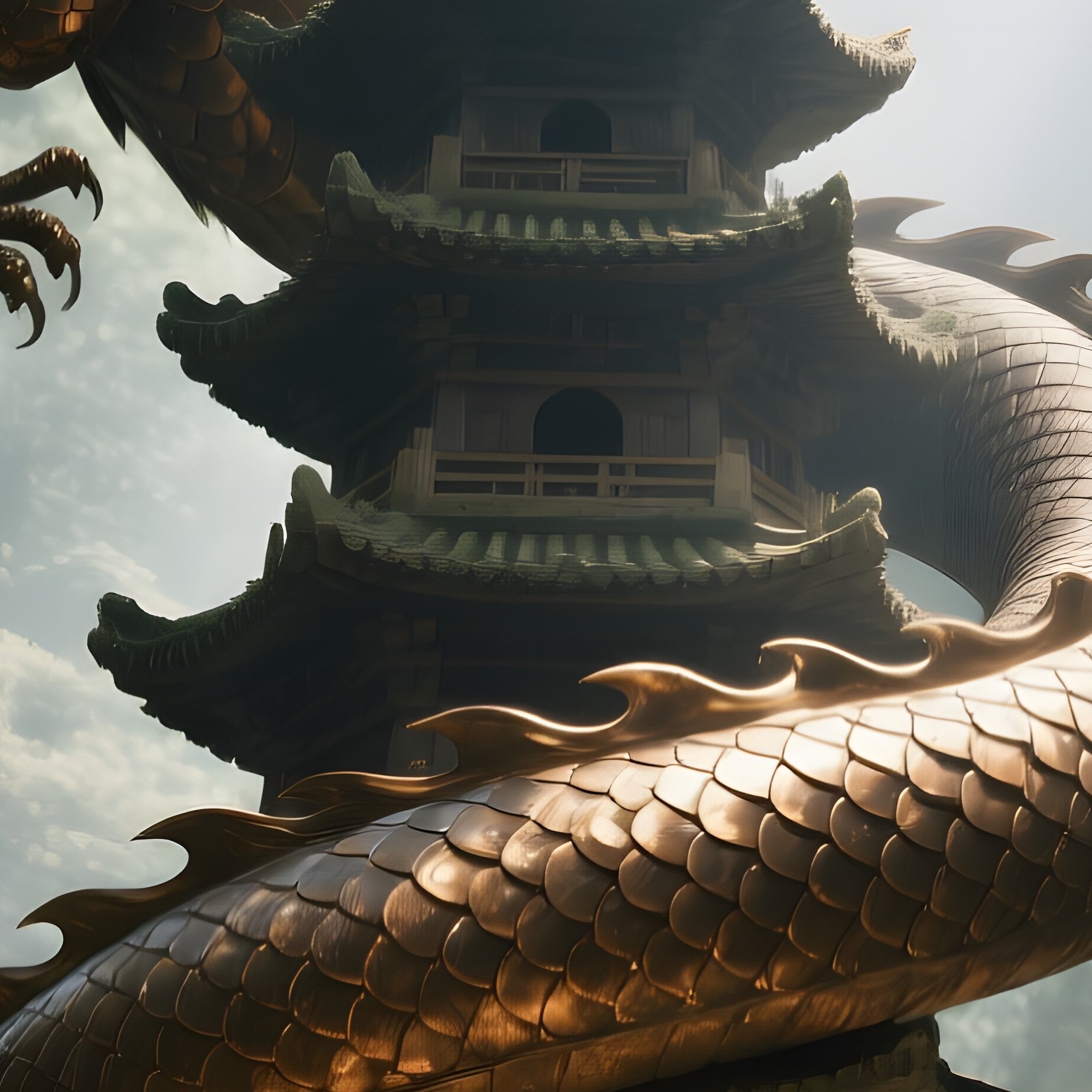 A Towering Bronze Dragon Coiled Around A Stone Pagoda In An Ancient Forest Clearing, Shafts Of - Full Resolution Quality Preview
