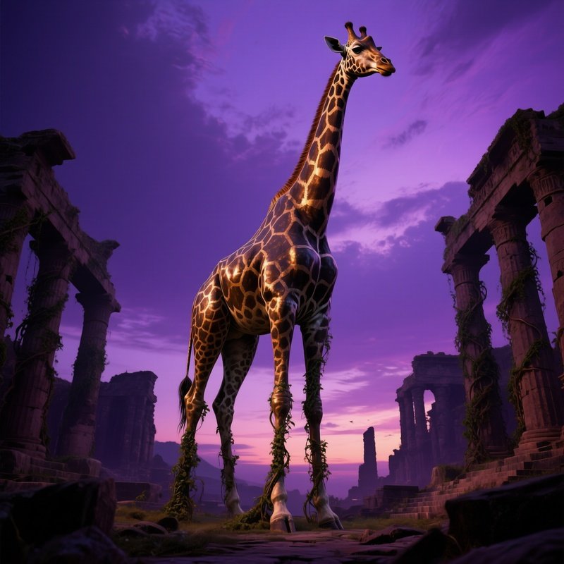 A Towering Bronze Giraffe Standing Tall Among Ruins Of An Ancient Temple At Twilight, Vines