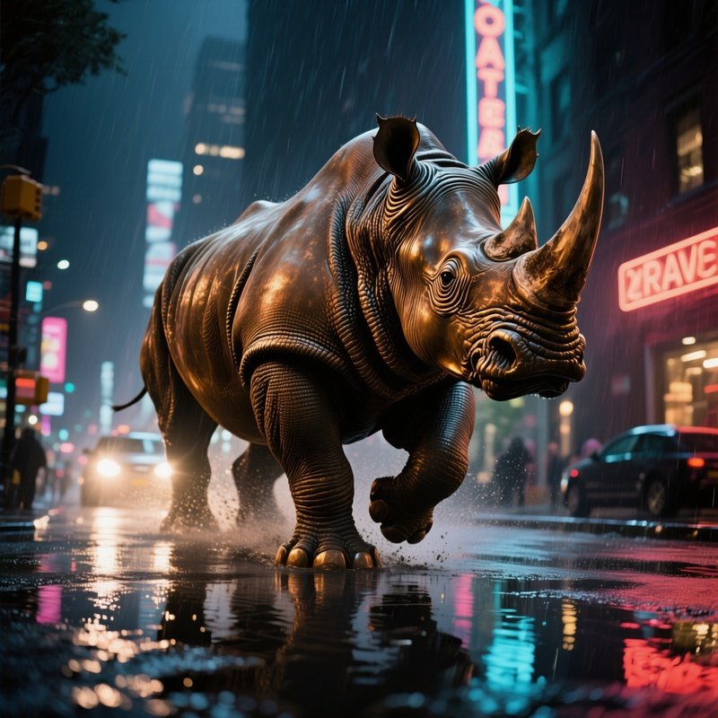 A Towering Bronze Rhinoceros Charging Through A Rain‑Slicked Urban Street At Night, Neon Signs