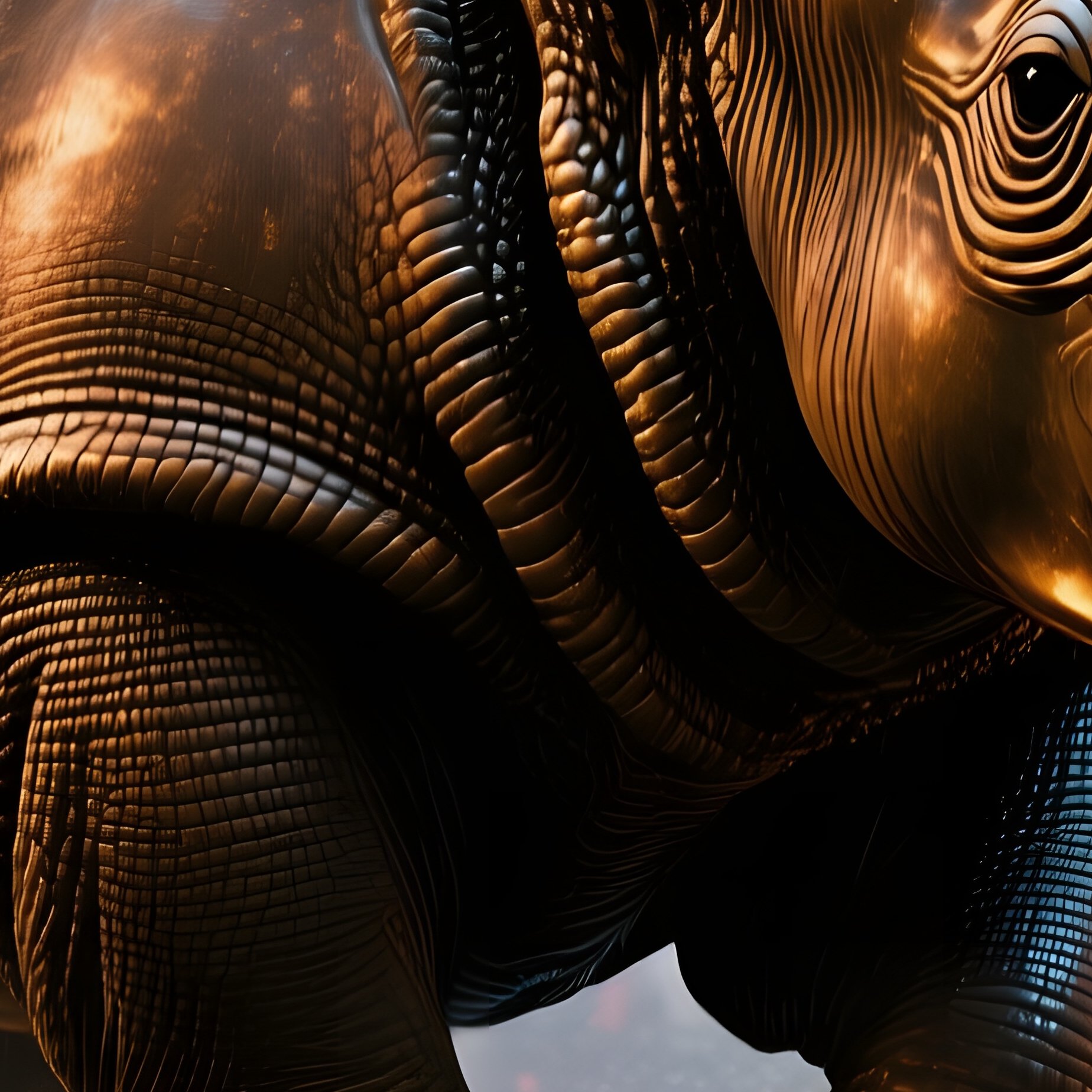 A Towering Bronze Rhinoceros Charging Through A Rain‑Slicked Urban Street At Night, Neon Signs - Full Resolution Quality Preview
