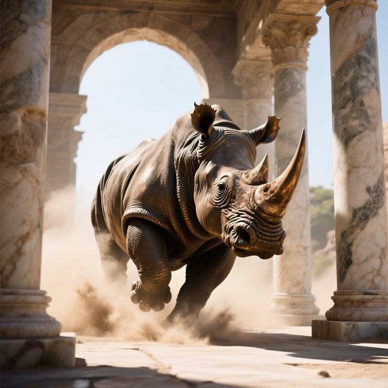 A Towering Bronze Rhinoceros Charging Through An Ancient Marble Colonnade At Midday, Dust Clouds