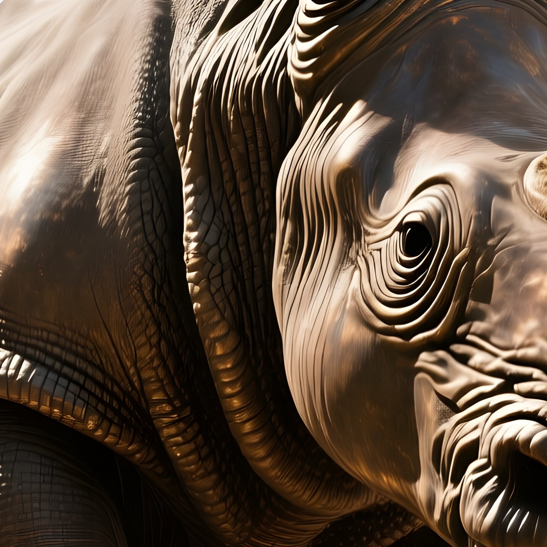 A Towering Bronze Rhinoceros Charging Through An Ancient Marble Colonnade At Midday, Dust Clouds - Full Resolution Quality Preview