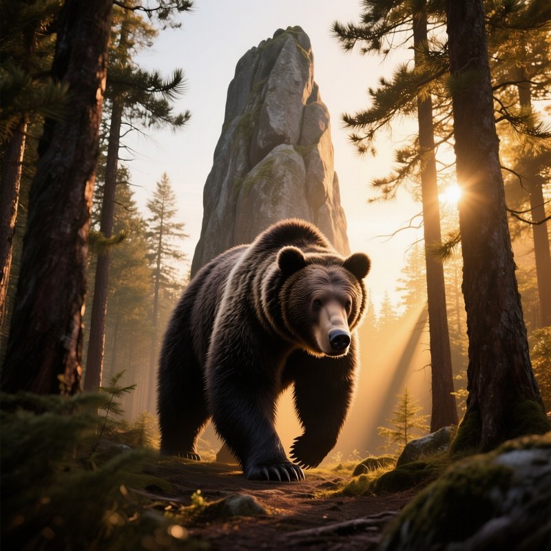 A Towering Granite Bear Lumbering Through A Pine Forest During Golden Hour, Sun Filtering Through
