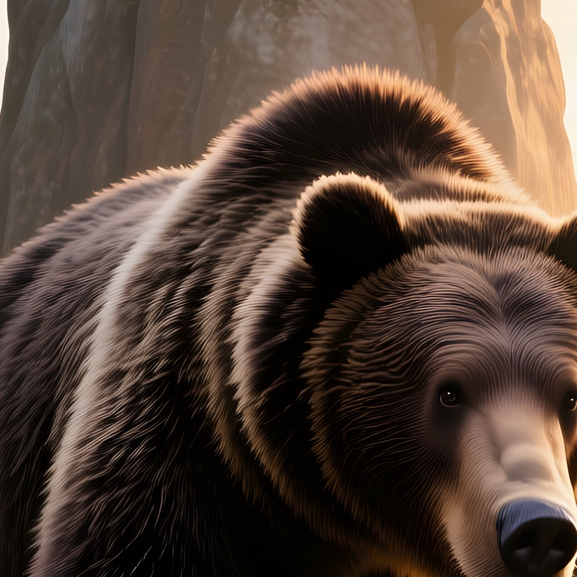 A Towering Granite Bear Lumbering Through A Pine Forest During Golden Hour, Sun Filtering Through - Full Resolution Quality Preview