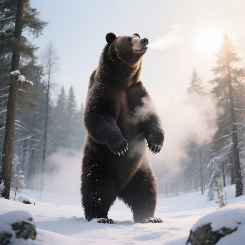 A Towering Granite Bear Standing On Its Hind Legs In A Snowy Forest Clearing Under A Pale Winter