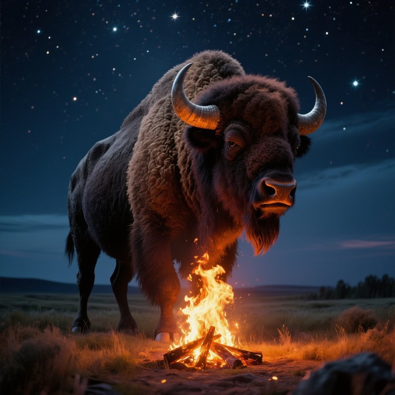 A Towering Granite Bison Standing Guard Over A Prairie Bonfire At Night, Flames Casting Warm Glow