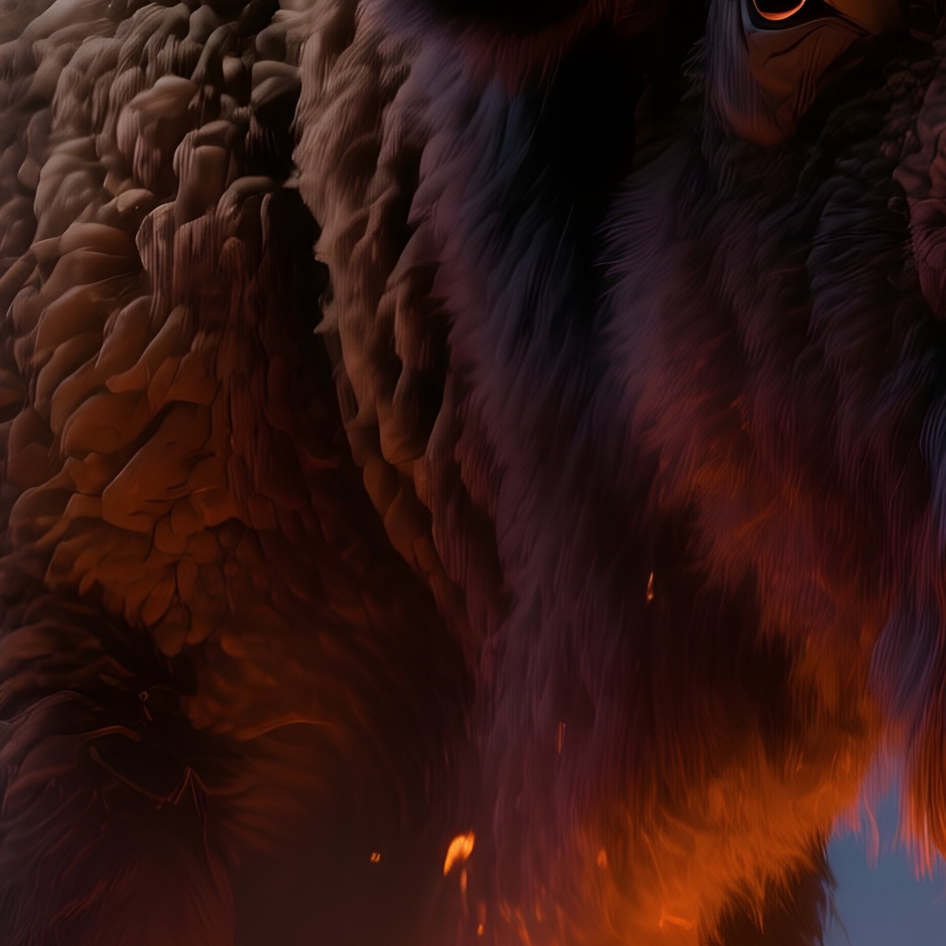 A Towering Granite Bison Standing Guard Over A Prairie Bonfire At Night, Flames Casting Warm Glow - Full Resolution Quality Preview