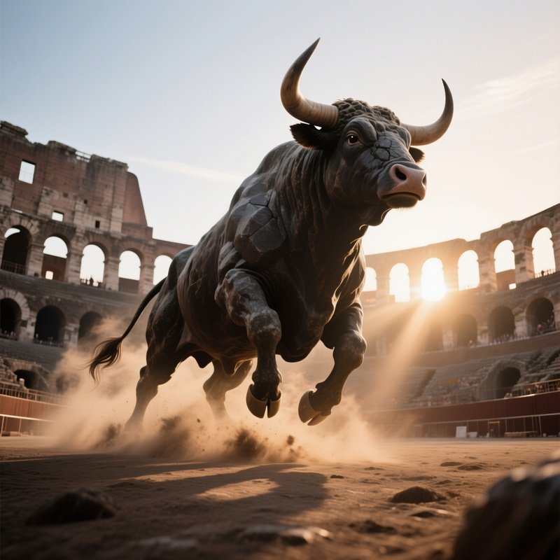 A Towering Granite Bull Charging Through An Ancient Coliseum Arena At Dawn, Dust Swirling, Sunrise