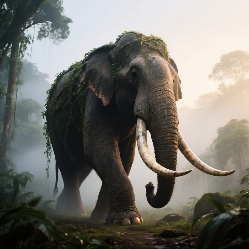 A Towering Granite Elephant Walking Through An Ancient Misty Jungle At Dawn, Massive Tusks