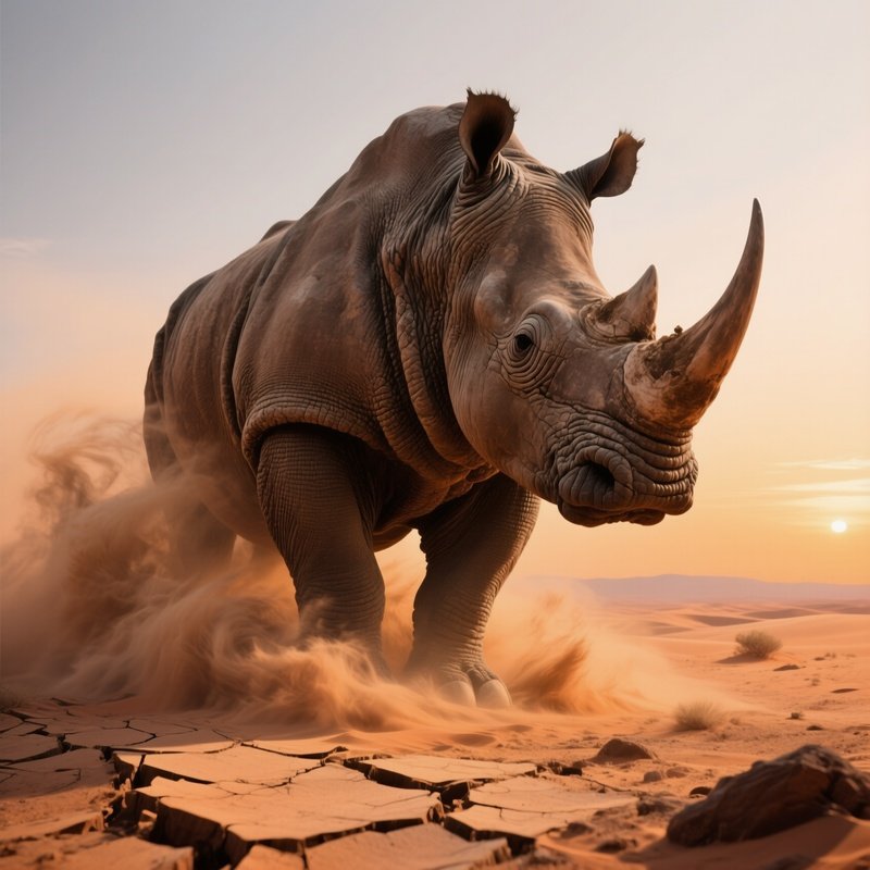 A Towering Granite Rhinoceros Emerging From A Desert Sandstorm, Cracked Earth Swirling Around Its