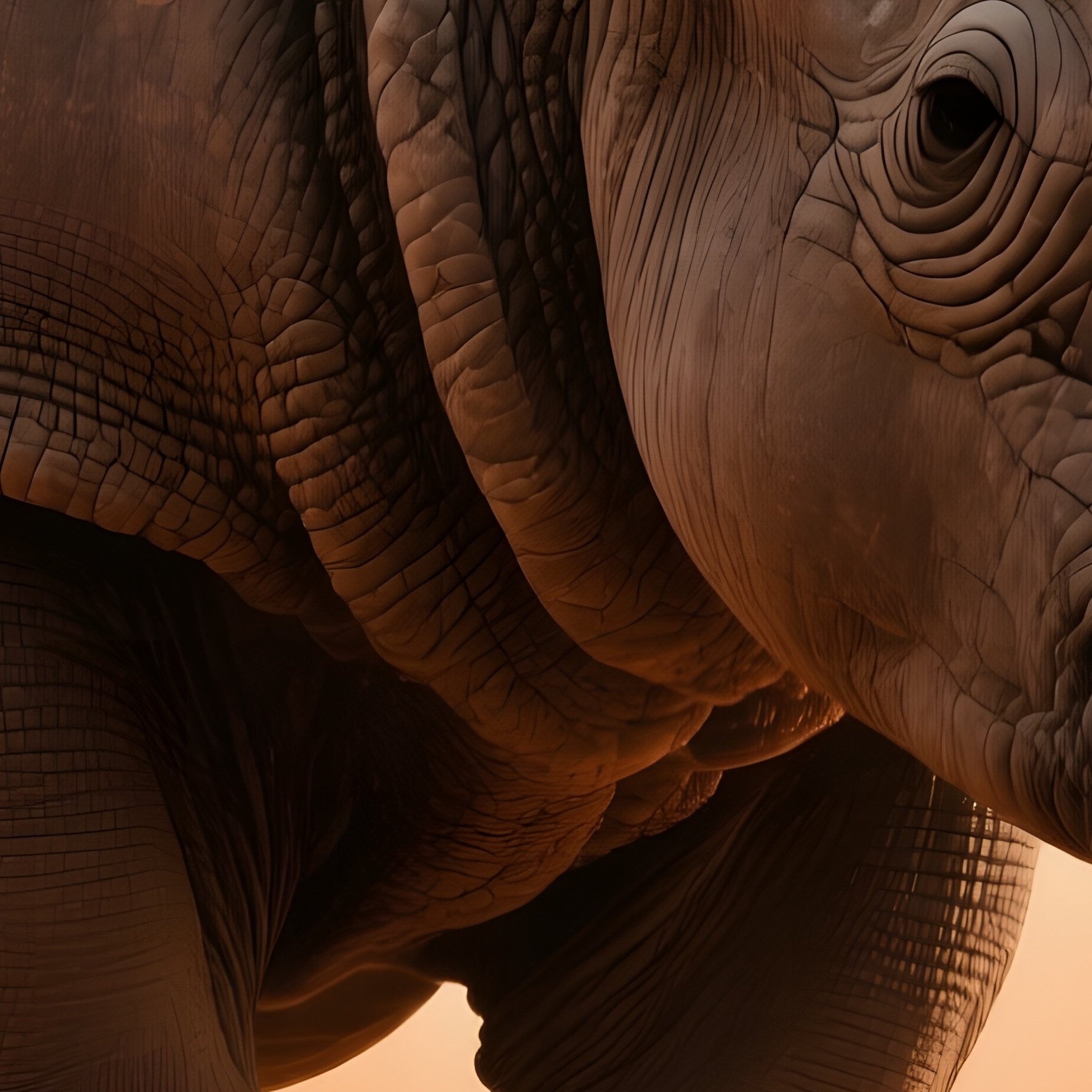 A Towering Granite Rhinoceros Emerging From A Desert Sandstorm, Cracked Earth Swirling Around Its - Full Resolution Quality Preview