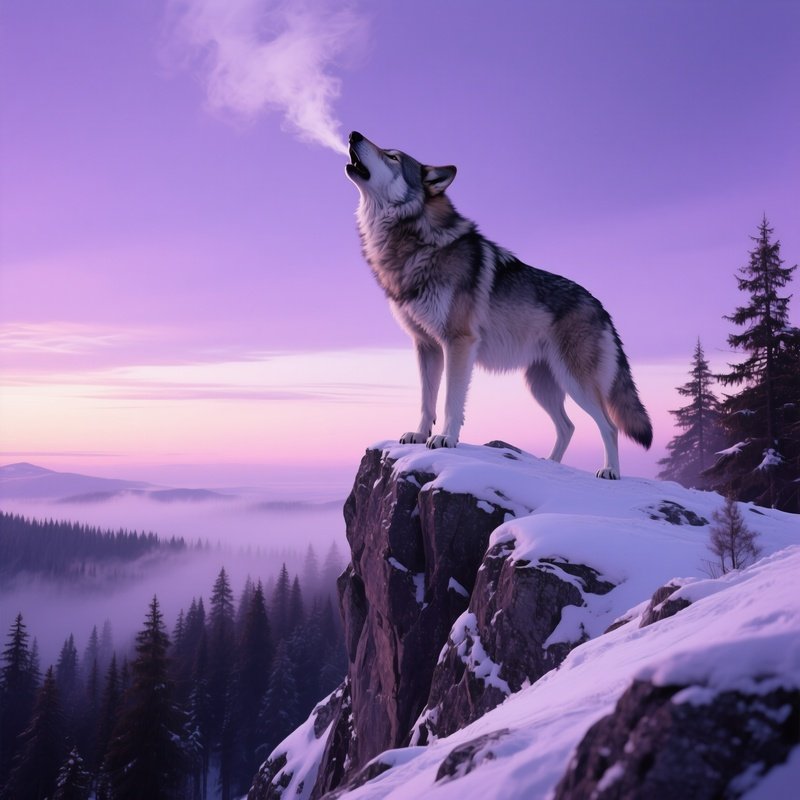 A Towering Granite Wolf Howling Atop A Snowy Ridge Under A Violet Dawn Sky, Breath Visible As Mist,