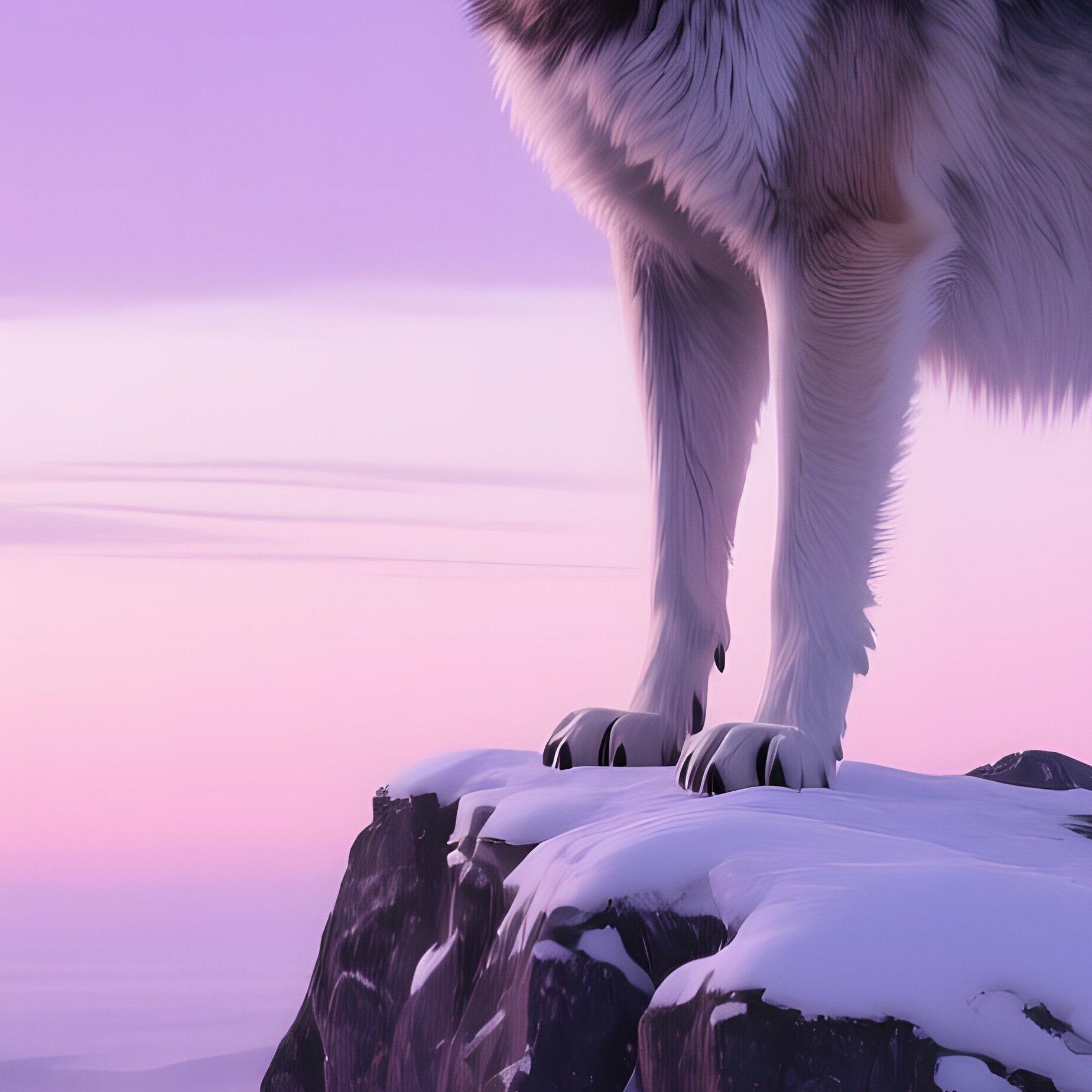 A Towering Granite Wolf Howling Atop A Snowy Ridge Under A Violet Dawn Sky, Breath Visible As Mist, - Full Resolution Quality Preview