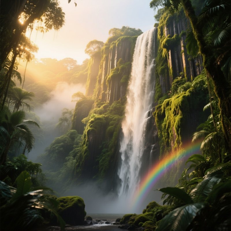A Towering Jungle Waterfall Cascading Over Moss Covered Basalt Cliffs At Sunrise, Golden Light