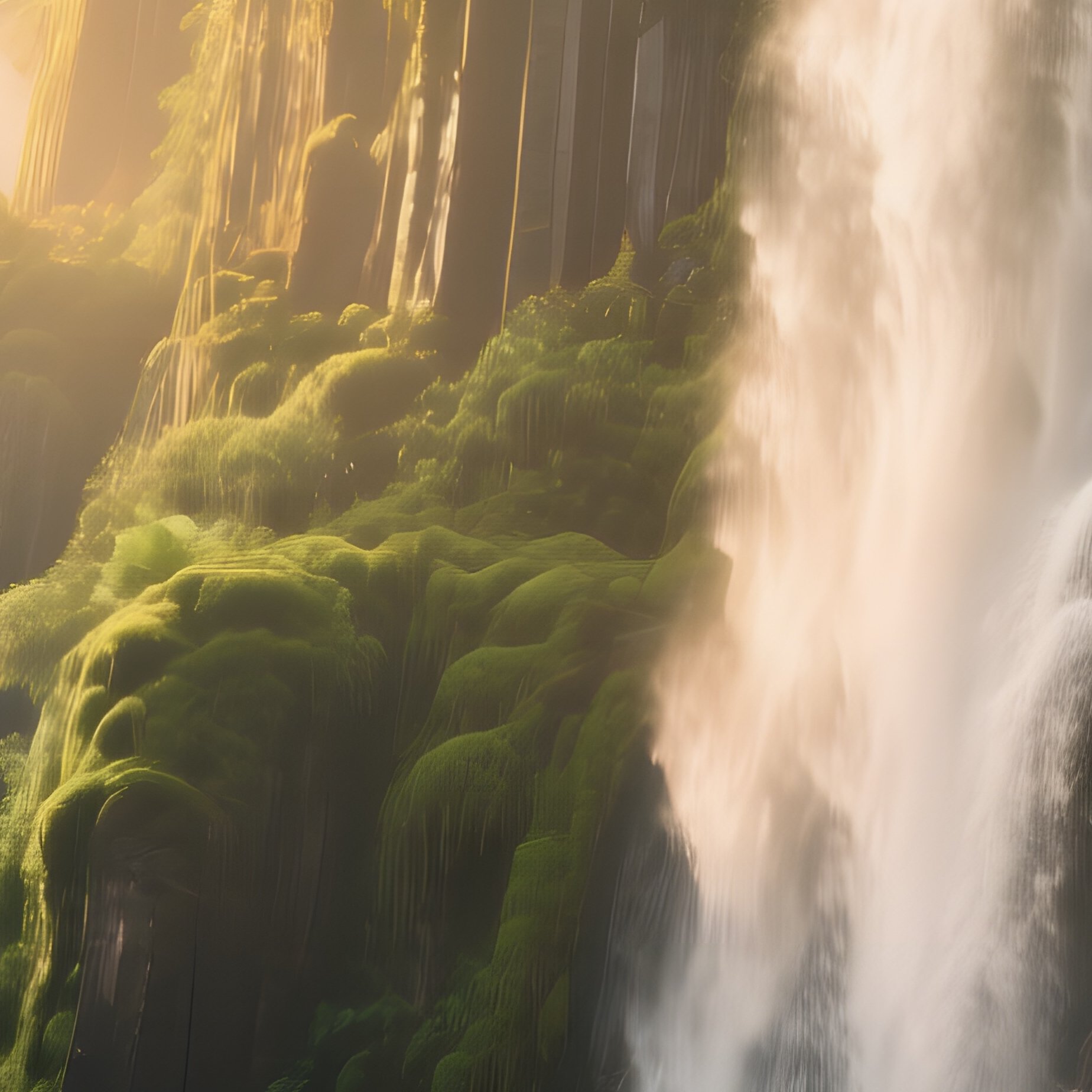A Towering Jungle Waterfall Cascading Over Moss Covered Basalt Cliffs At Sunrise, Golden Light - Full Resolution Quality Preview