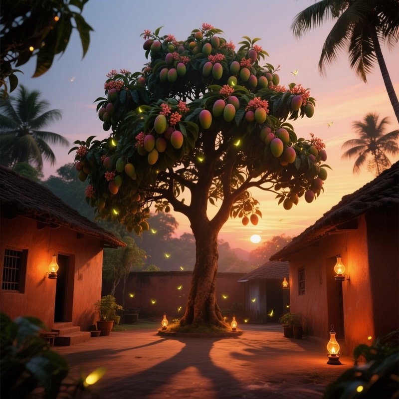 A Towering Mango Tree In Full Bloom At Sunset Casts Long Shadows Across A Kerala Village Courtyard,