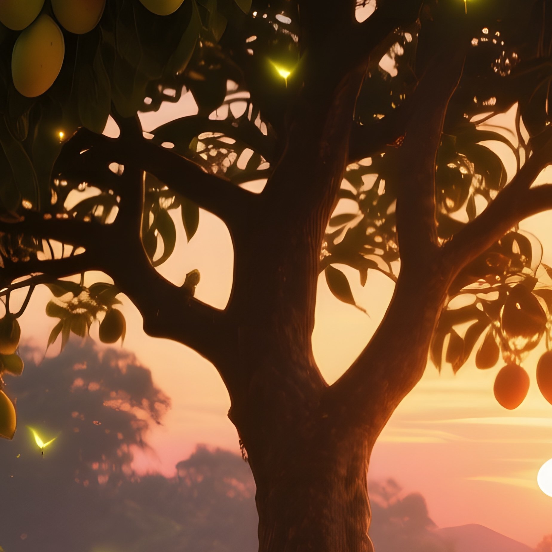 A Towering Mango Tree In Full Bloom At Sunset Casts Long Shadows Across A Kerala Village Courtyard, - Full Resolution Quality Preview