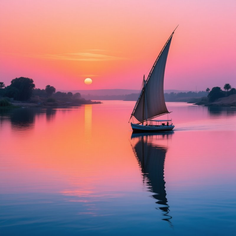 A Traditional Felucca Boating Down The Nile At Sunset