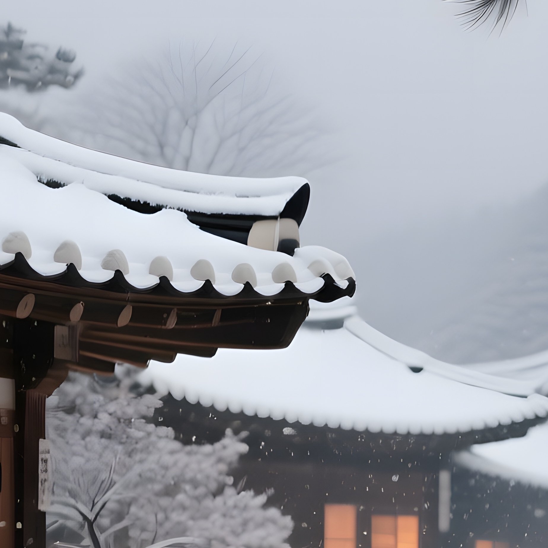 A Traditional Korean Hanok Village Under Snowfall, Paper Thin Windows Glowing Warm Amber, Pine - Full Resolution Quality Preview