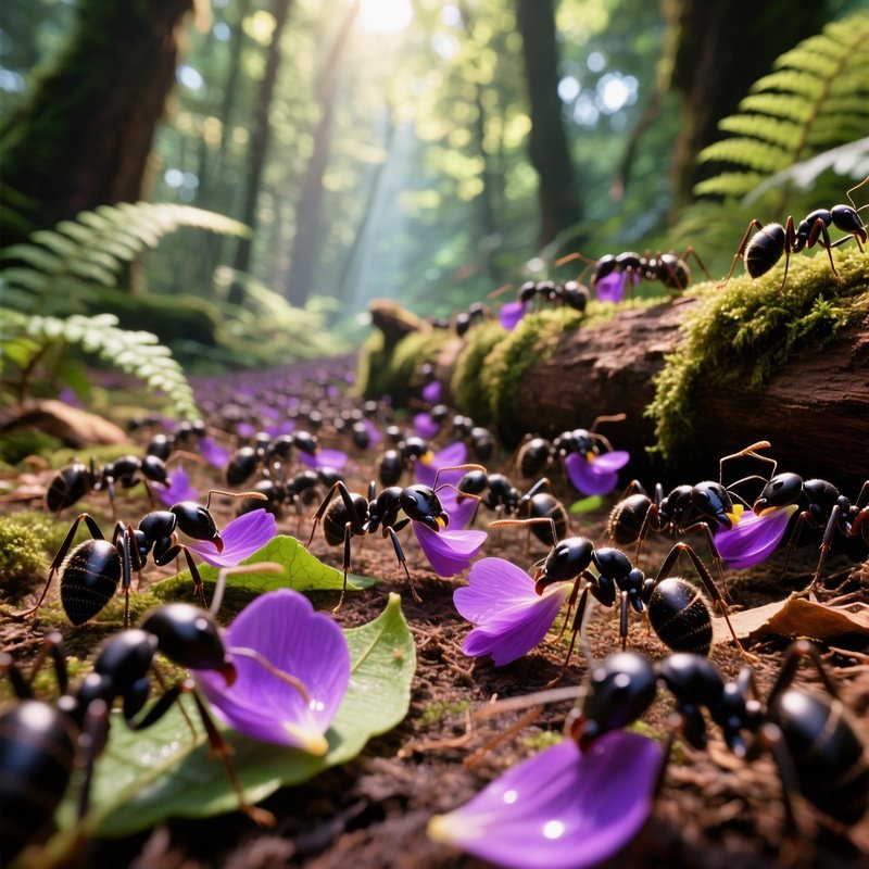 A Trail Of Leafcutter Ants Carrying Purple Flower Petals Instead Of Leaves