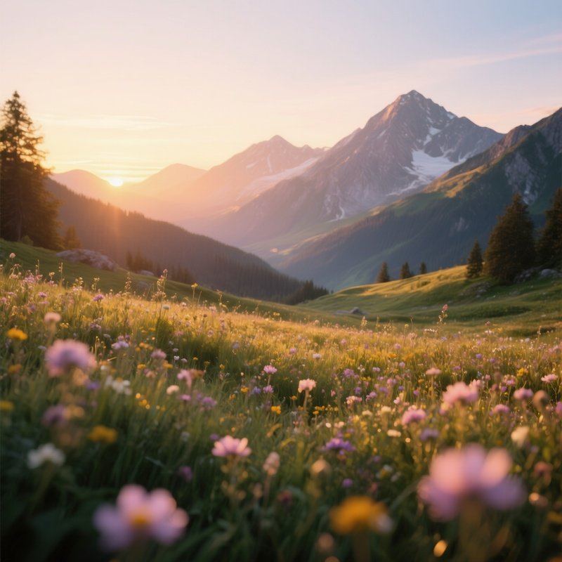 A Tranquil Alpine Meadow At Golden Hour, Wildflowers Glowing With Soft Pastel Hues, Mountains In