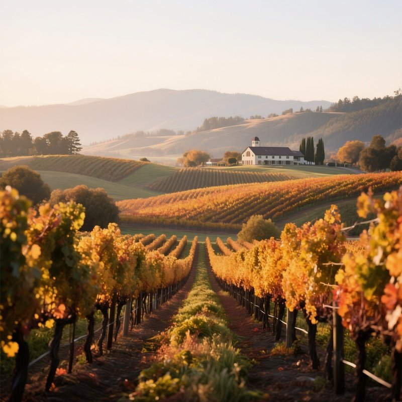 A Tranquil Autumnal Vineyard In California’S Napa Valley, Rows Of Grapevines Turning Amber, Rolling