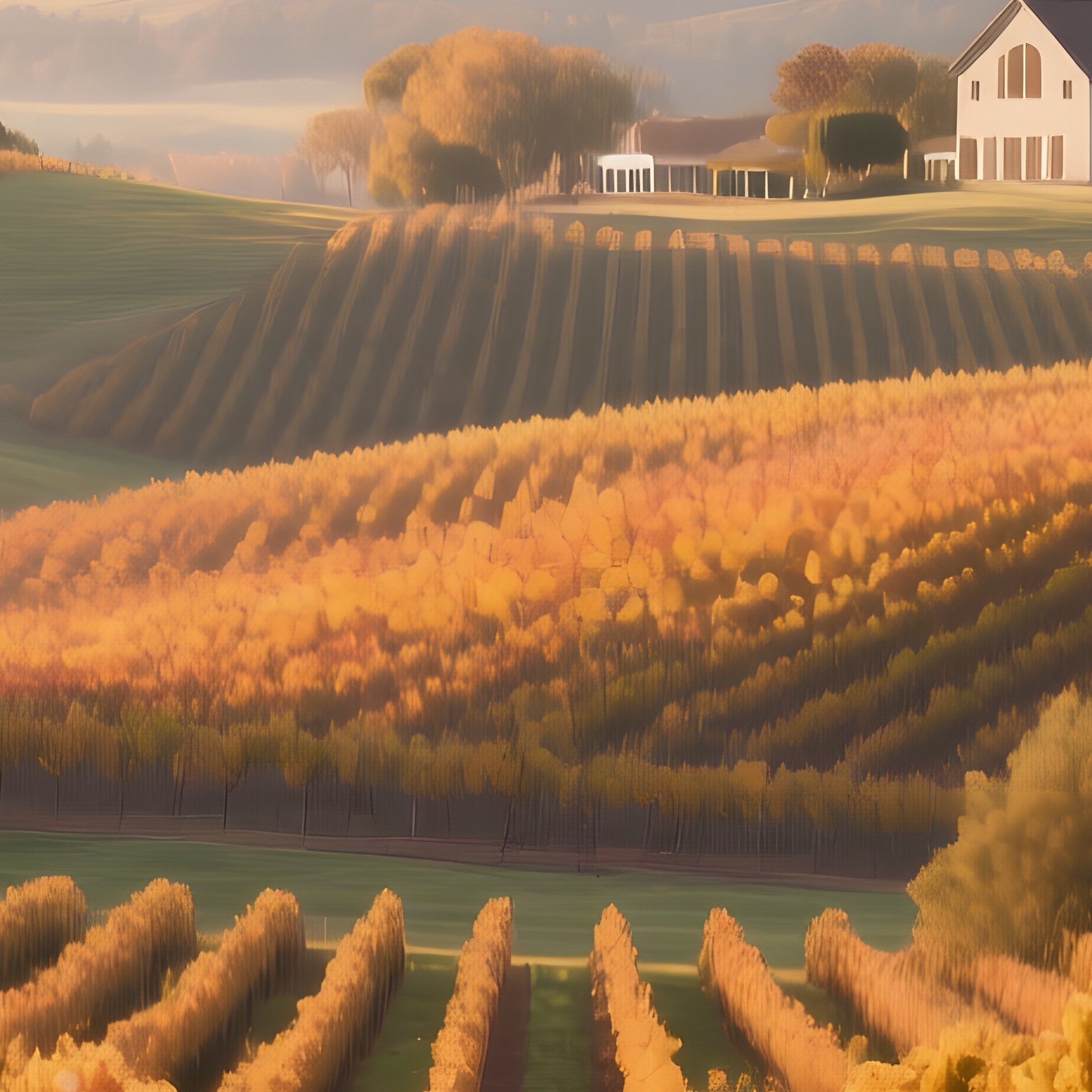 A Tranquil Autumnal Vineyard In California’S Napa Valley, Rows Of Grapevines Turning Amber, Rolling - Full Resolution Quality Preview