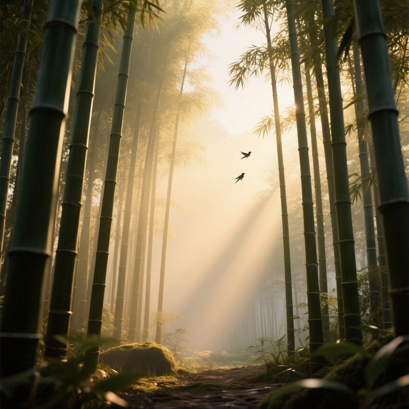 A Tranquil Bamboo Forest At Dawn, Soft Golden Light Filtering Through Tall Stalks, Creating