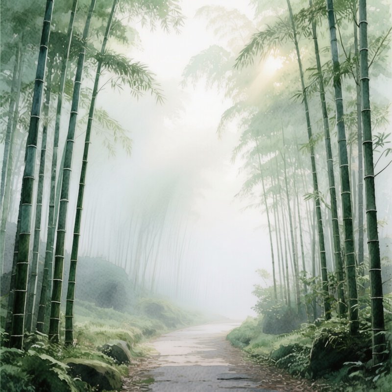 A Tranquil Bamboo Forest Path In Early Morning Mist, Sunlight Filtering Through Tall Stalks,