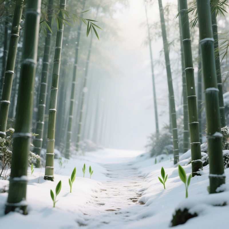 A Tranquil Bamboo Forest Path In Late Winter, Thin Snow On Ground, Delicate Green Shoots Emerging,