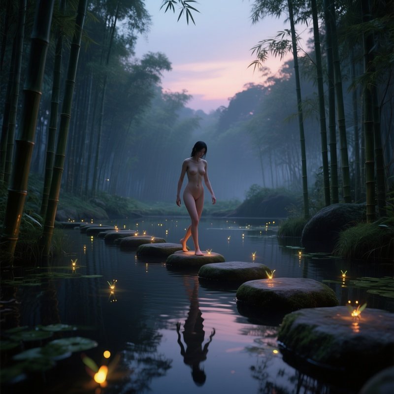 A Tranquil Bamboo Forest Pond At Twilight, A Nude Figure Stepping Onto Stepping Stones, Fireflies