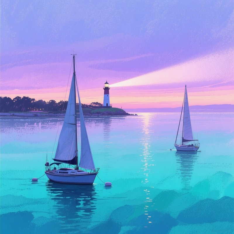 A Tranquil Bay At Twilight, Sailboats Bobbing Gently, Watercolor Gradient From Teal To Violet,