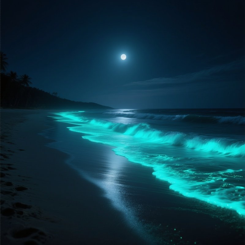 A Tranquil Beach At Night, With Bioluminescent Waves Glowing In The Dark, The Sand Faintly