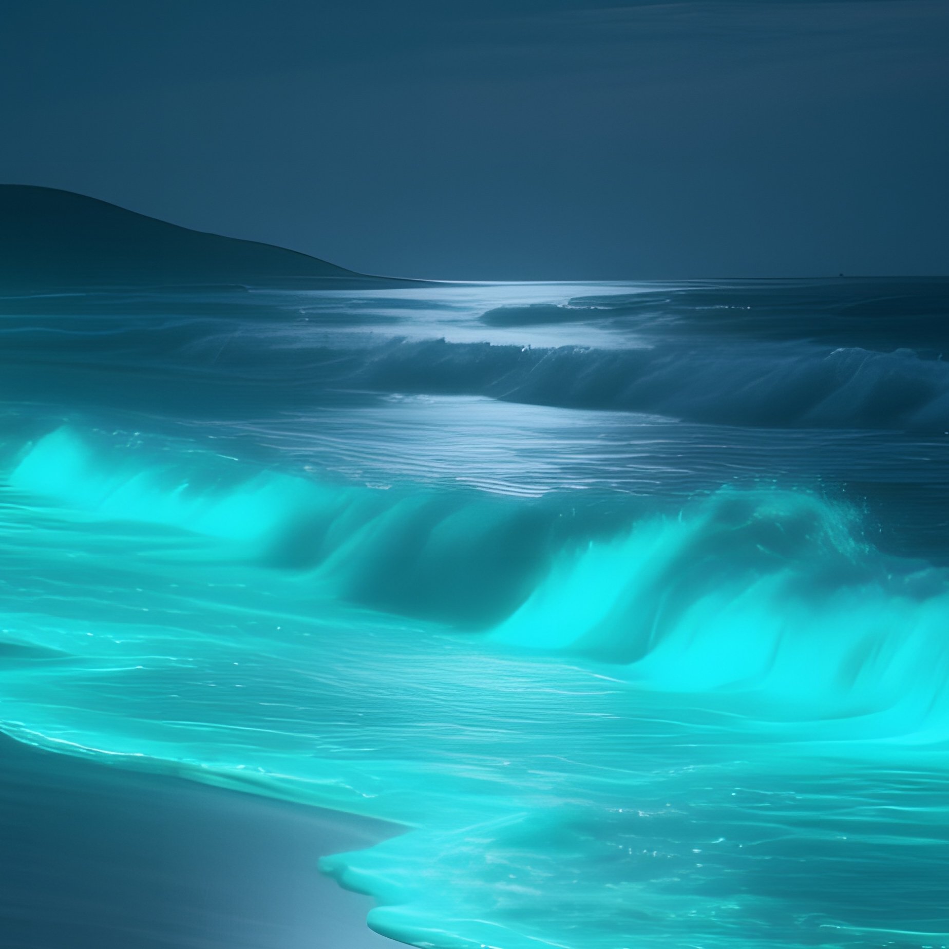 A Tranquil Beach At Night, With Bioluminescent Waves Glowing In The Dark, The Sand Faintly - Full Resolution Quality Preview