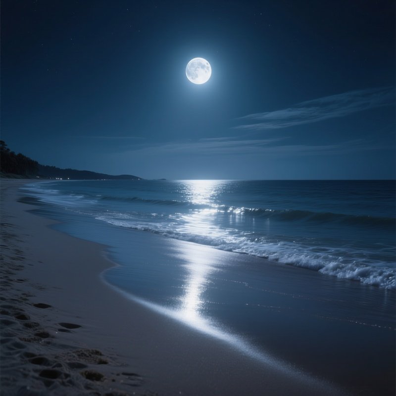 A Tranquil Beach At Night, With The Moon Casting A Silver Glow On The Water, The Sand Reflecting