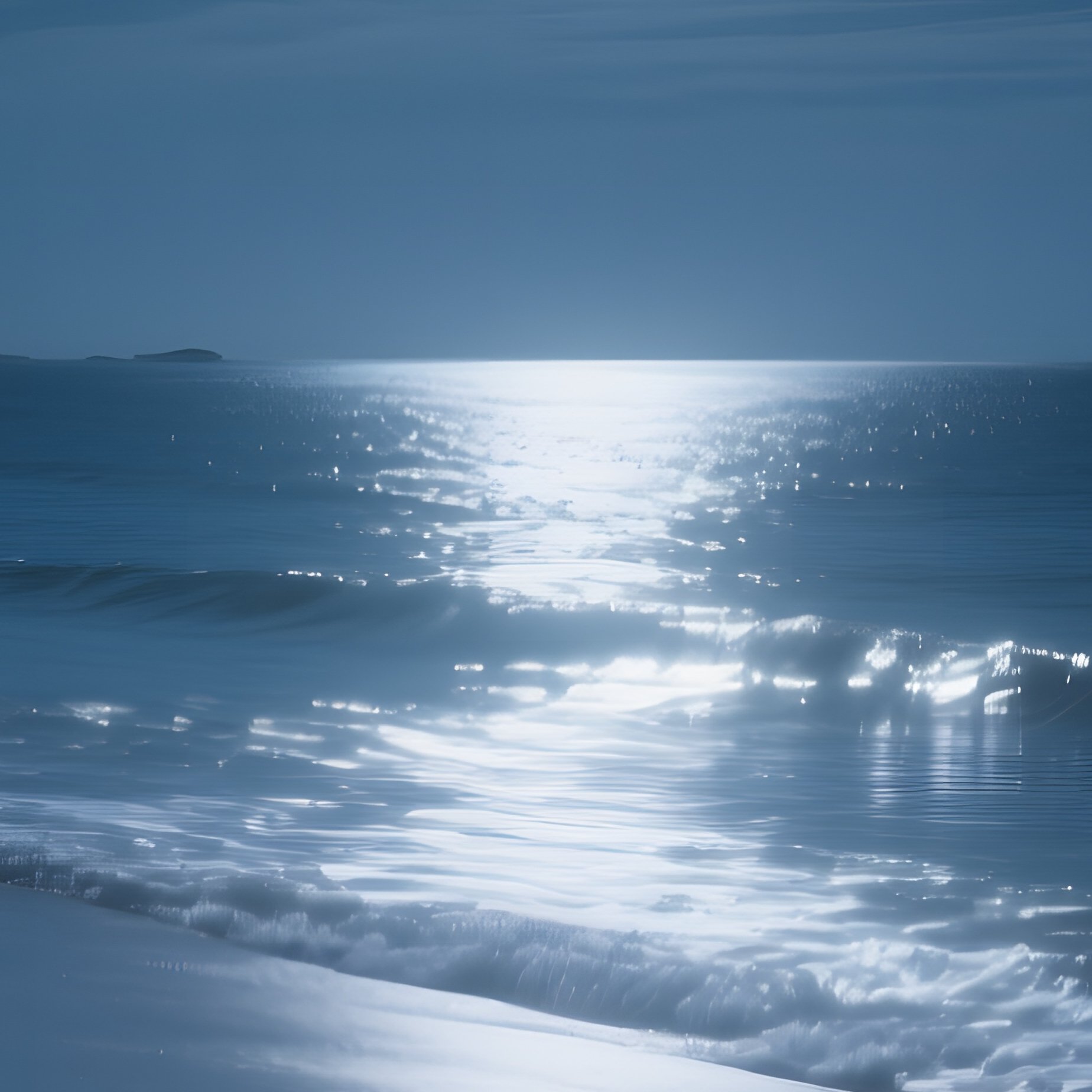 A Tranquil Beach At Night, With The Moon Casting A Silver Glow On The Water, The Sand Reflecting - Full Resolution Quality Preview