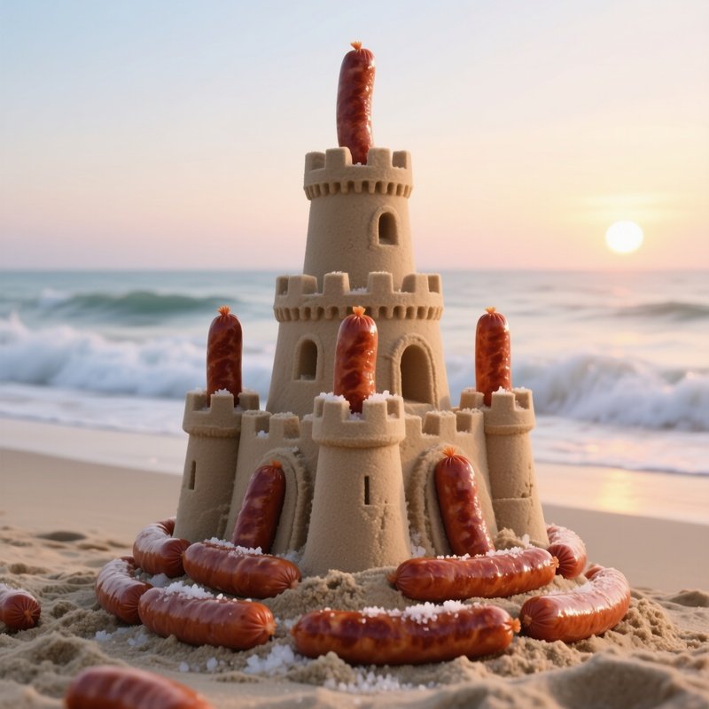 A Tranquil Beach Sunrise With Gentle Waves, Showcasing A Towering Sandcastle Made Entirely From