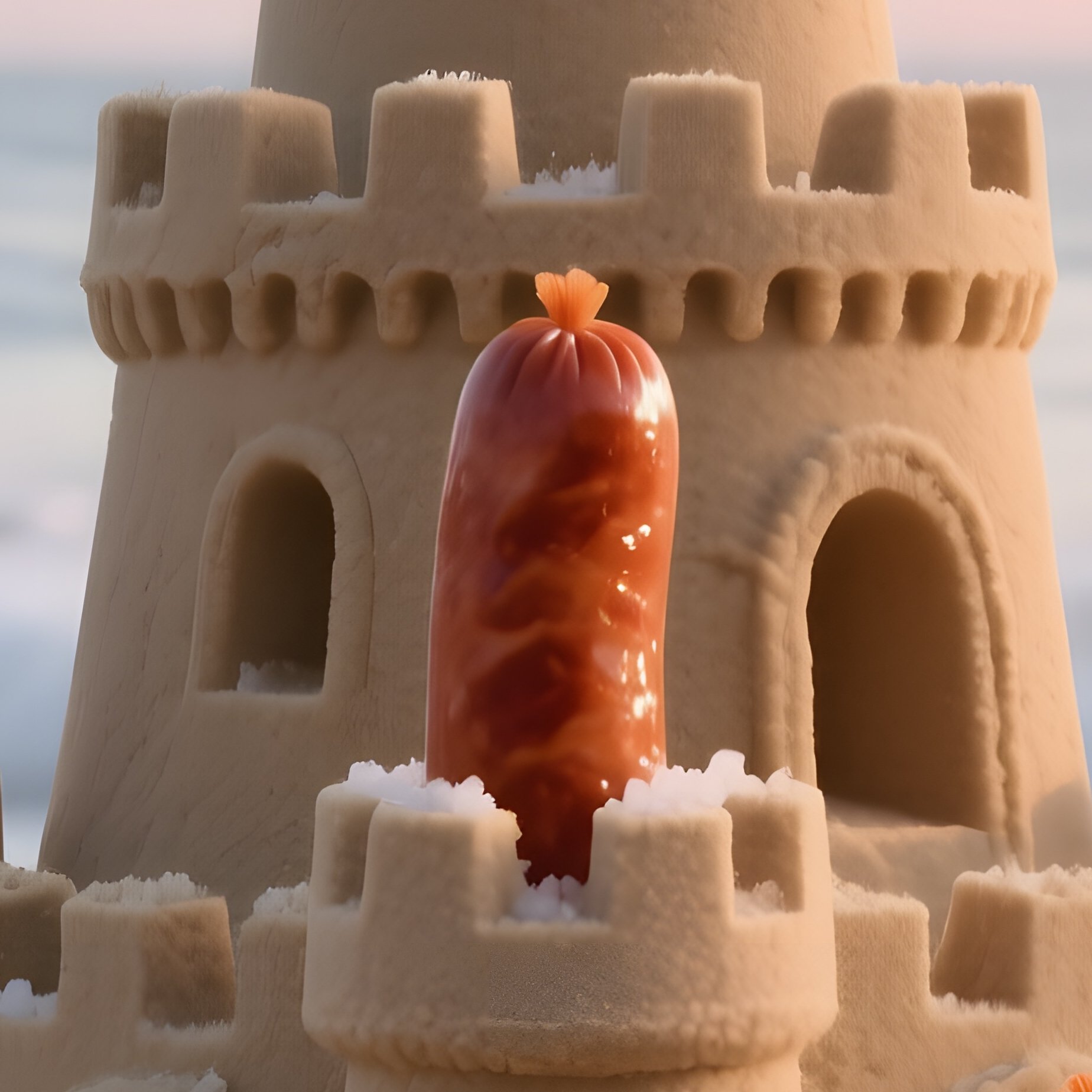 A Tranquil Beach Sunrise With Gentle Waves, Showcasing A Towering Sandcastle Made Entirely From - Full Resolution Quality Preview