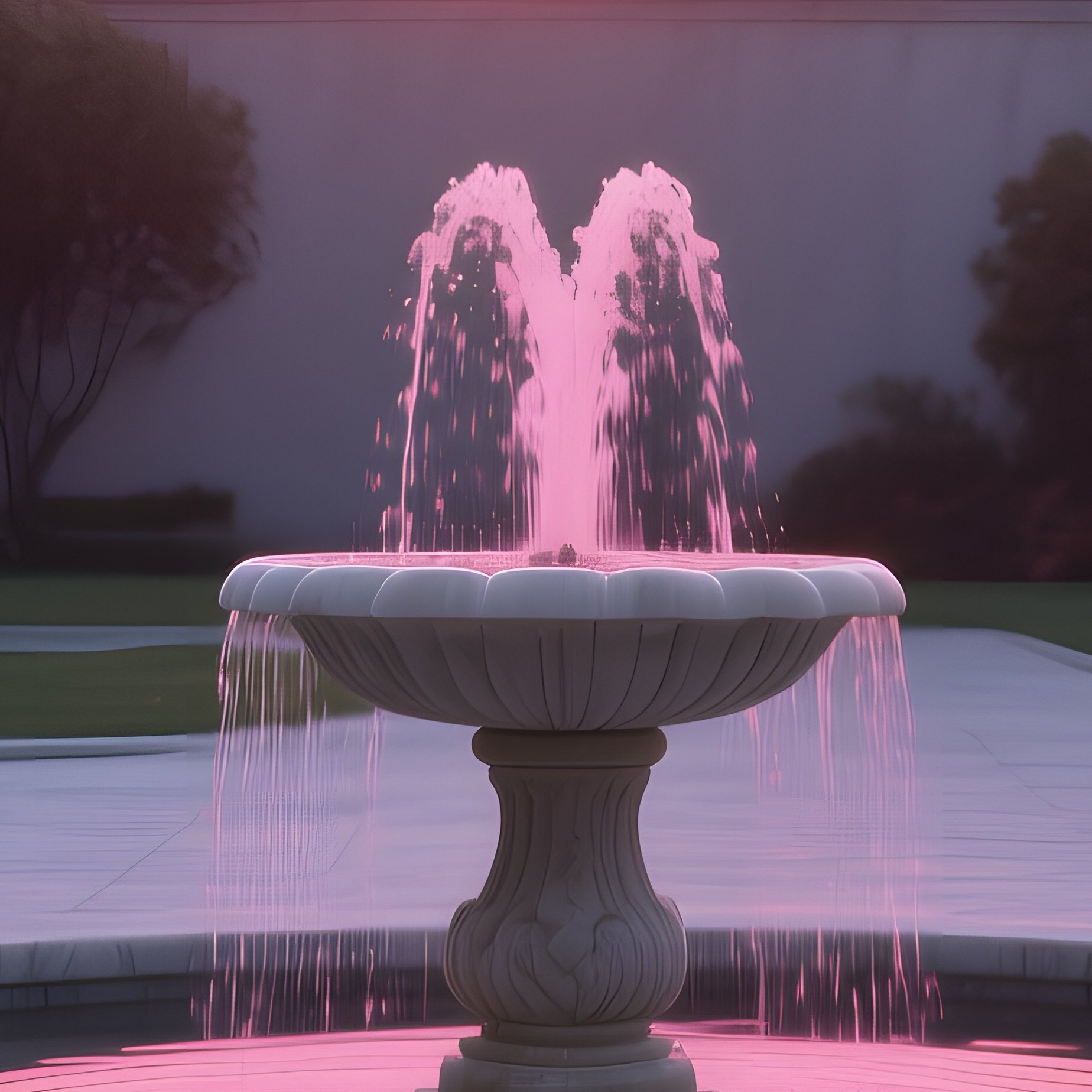 A Tranquil Courtyard Fountain At Dusk, Water Reflecting The Pink Hues Of Sunset, Surrounded By - Full Resolution Quality Preview