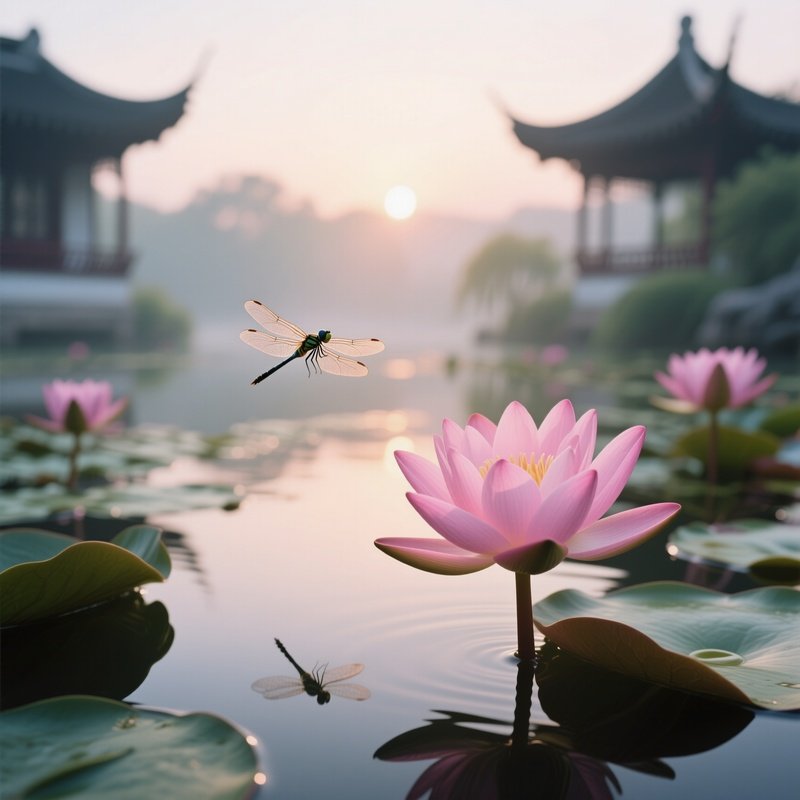 A Tranquil Dawn On A Chinese Lotus Pond, Pink Blossoms Opening To Soft Light, Dragonflies Hovering