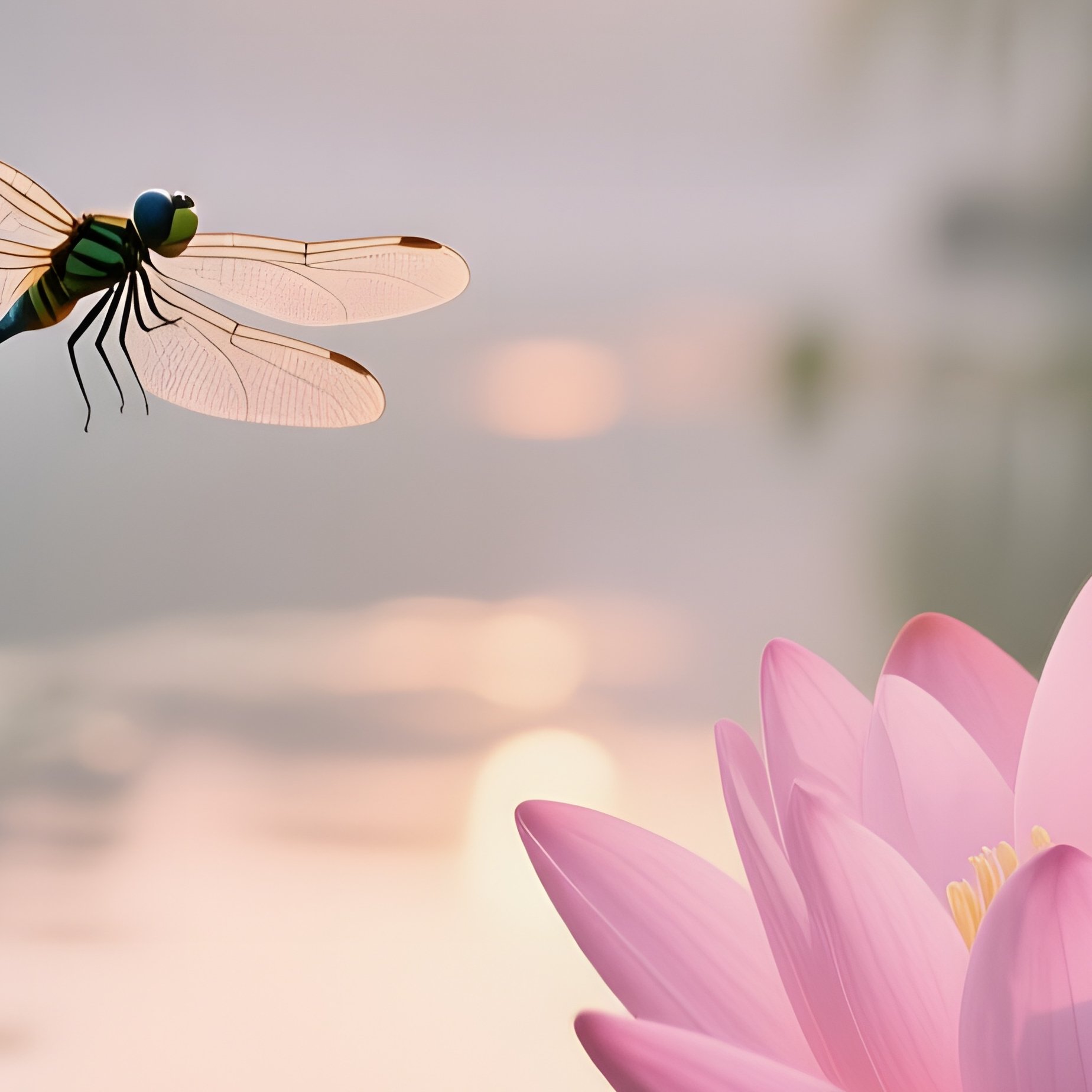A Tranquil Dawn On A Chinese Lotus Pond, Pink Blossoms Opening To Soft Light, Dragonflies Hovering - Full Resolution Quality Preview