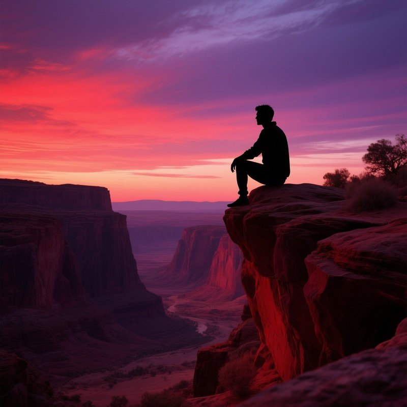 A Tranquil Desert Canyon At Dusk, A Male Silhouette Perched On A Rock Ledge, Deep Reds And Purples